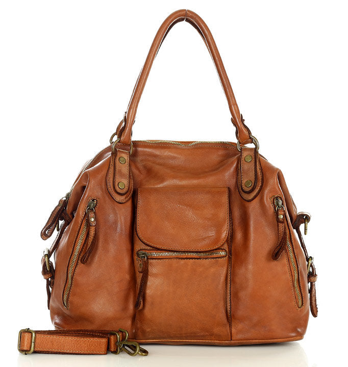 BOWLER ALIGERI. Business leather bowling bag XXL women's A4 cognac shoulder bag