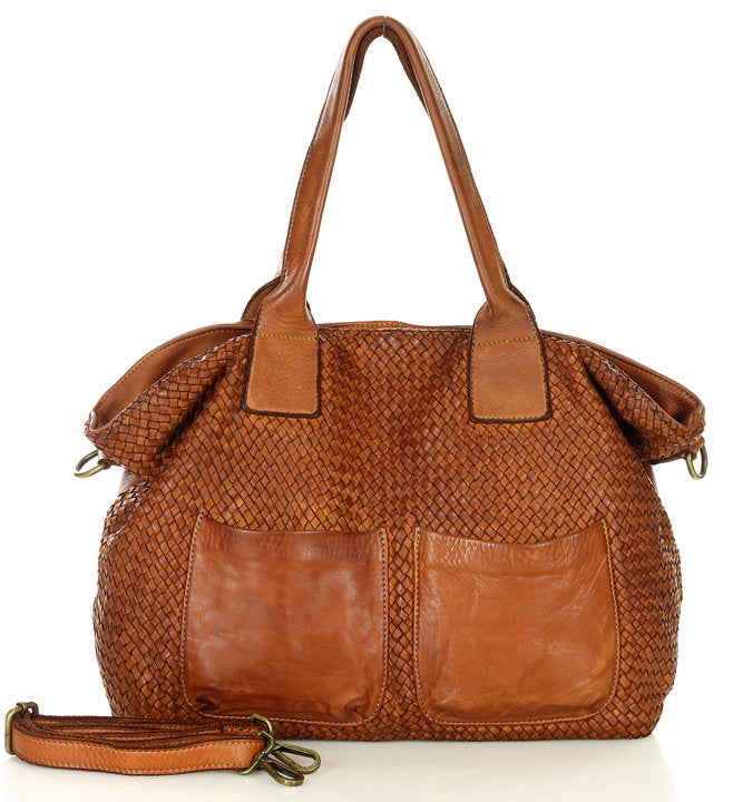 Azeratto Intrecciato. Duża damska skórzana torba na ramię shopper A4 XXL. cognac
