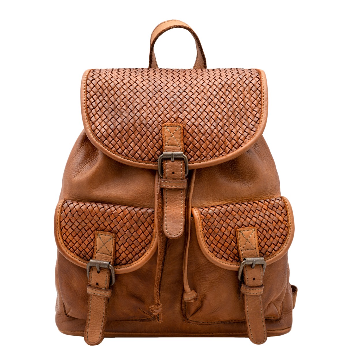 (outlet) Buscemi ● Klasyczny skórzany plecak unisex z klapką w stylu retro. cognac